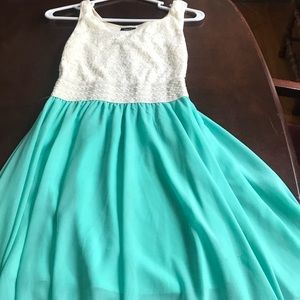 Blue and white dress.